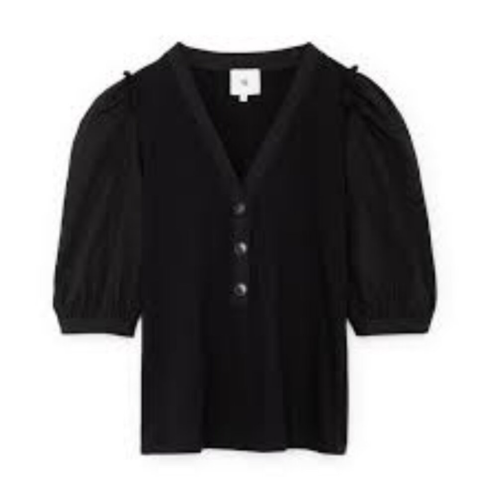 Goop G. LABEL Phillip Puff Sleeve Button Henley Black Cotton Poplin Top Sz 12